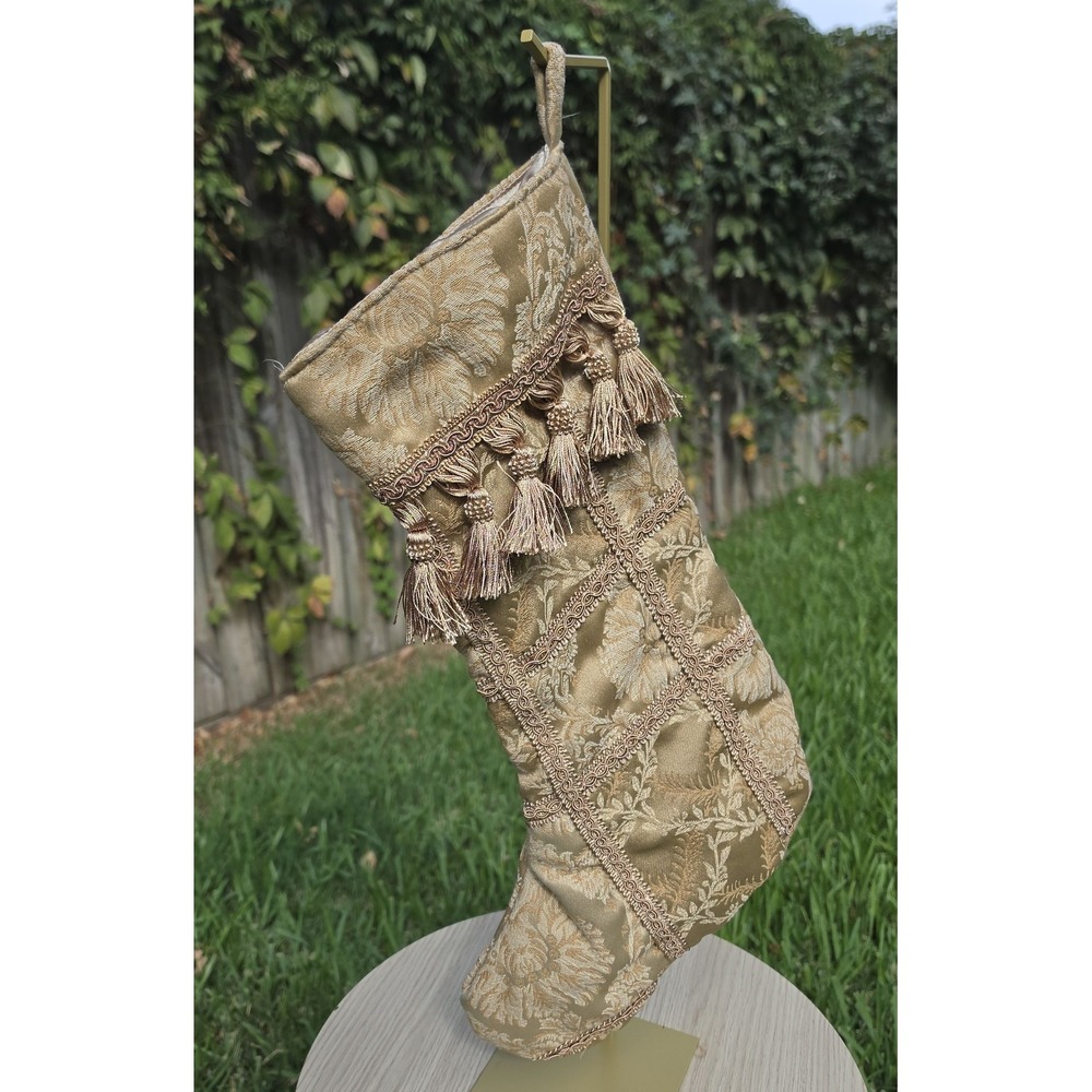 Christmas Stocking Gold Floral Jacquard Tapestry Tassel Victorian Style